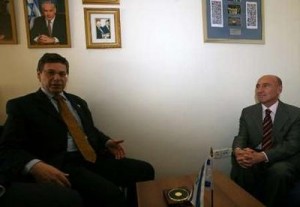 The Turkish ambassador to Israel, Ahmet Oguz Celikkol, right, meets with Israeli deputy Foreign Minister Daniel Ayalon in Jerusalem, Israel on January 11, 2010.  