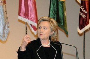 US Secretary of State Hillary Clinton gives a speech at the Dar al-Hekma college for women in the Red Sea port city of Jeddah on February 16.