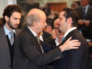 MP Walid Jumblatt ( C) with his son Taymor ( L) and PM Saad Hariri (R)  during their visit to lthe grave of Lebanon's former PM Rafik Hariri 