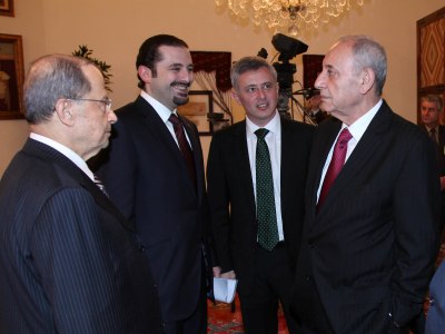 In this photo by  Dalati Nohra, Lebanese Parliament Speaker Nabih Berri, right , stands with   MP Suleiman Franjiyeh, PM Saad Hariri and MP Michel Aoun