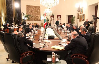 Lebanese rival leaders meet for talks, headed by Lebanese President Michel Suleiman, center, at the Presidential Palace in Baabda, east of Beirut, Lebanon, Tuesday, March 9, 2010.
