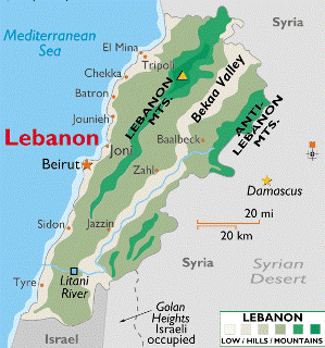 lebanon map - mountains and sea