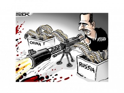 cartoon assad fighting with Russia, china ammunition