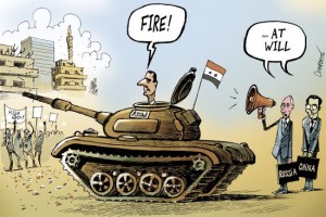 cartoon assad firing with  with Russia, china blessings