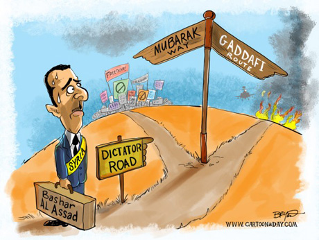 assad dictatorship road gaddafi mubarak cartoon
