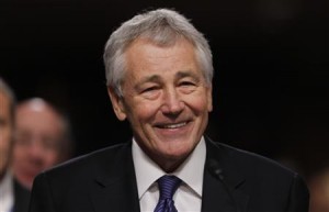 Former U.S. Senator Hagel testifies during Senate Armed Services Committee hearing on his nomination to be Defense Secretary, on Capitol Hill in Washington