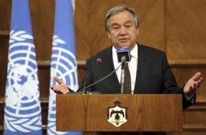 United Nations High Commissioner for Refugees Guterres speaks during a joint news conference with Jordan's Foreign Minister Joudeh in Amman