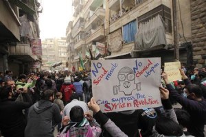 A girl holds a banner during a protest against Syria's President Bashar al-Assad in Bustan al-Qasr district in Aleppo