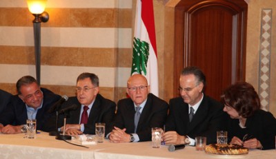 MP Tamam Salam ( C) jduring the March 14 meeting at the Center House in Beirut on April 4, 2013
