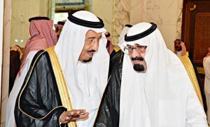Custodian of the Two Holy Mosques King Abdullah listens to Crown Prince Salman before chairing the Cabinet at Al-Salam Palace in Jeddah on Monday. (SPA)