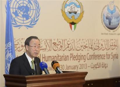 U.N. Secretary-General Ban speaks to the media after the first day of the "International Humanitarian Pledging Conference for Syria" in Bayan Palace, Kuwait