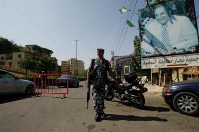 One of 5  Hezbollah checkpoint s in the southern city of Nabatieh. Hezbollah withdrew from all its strongholds