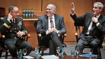  Director of the National Security Agency (NSA) Gen. Keith B. Alexander, left, director of the Central Intelligence Agency (CIA) John O. Brennan, center, and director of the Federal Bureau of Investigation (FBI) Robert S. Mueller, right, attend a forum during the International Conference on Cyber Security (ICCS) on at Fordham University in New York. Aug 8, 2013,  AP