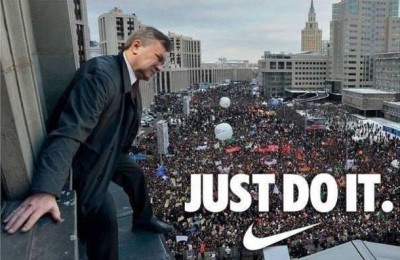 A photoshopped picture shared widely among Ukrainian Facebook users shows Ukrainian President Viktor Yanukovych standing on the roof edge over crowded Khreshchatyk street, preparing for a dramatic jump. "Just do it," the message reads copying a slogan of Nike sportswear company.