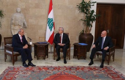 PM Tammam Salam ( R) and  speaker Nabih Berri  (L) meet president Michel Suleiman at the Presidential Palace prior to the announcement of the new cabinet 