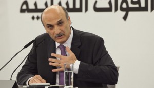 Samir Geagea, leader of the Christian Lebanese Forces, speaks during a news conference at his house in Maarab village
