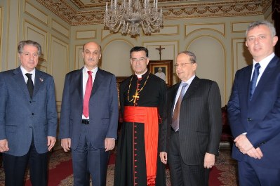 The four  Maronite Christian leaders during a meeting at Bkirki  with Patriarch  Rai in March 2014. A Bkirki media spokesman told reporters that all four of the Maronite leaders, Marada Movement chief Suleiman Franjieh (R) Free Patriotic Movement chief MP Michel Aoun, Lebanese Forces chief Samir Geagea( 2nd from L) , Phalange Party chief Amin Gemayel (L) , are presidential candidates in the elections.