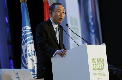 U.N. Secretary General Ban Ki-moon speaks during a conference on climate change in Abu Dhab