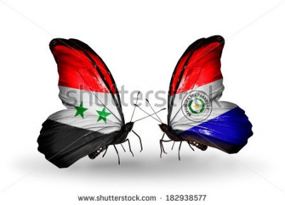 Syrian flag left and Paraguay flag. While Paraguay is the happiest country according to Gallup poll, Syria is the unhappiest 