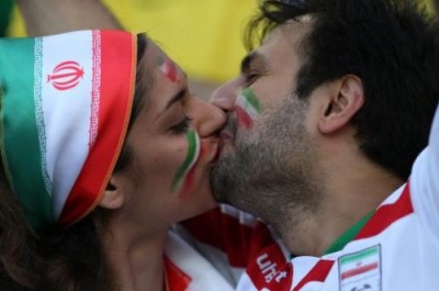iranian sports fans kissing in brazil