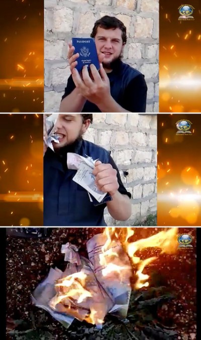 Moner Mohammad Abusalha destroying his passport in a video released on July 28, 2014