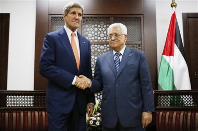 U.S. Secretary of State John Kerry meets with Palestinian Authority President Mahmoud Abbas in the West Bank city of Ramallah on Wednesday, July 23, 2014. Kerry is meeting with U.N. Secretary-General Ban Ki-moon, Israeli Prime Minister Benjamin Netanyahu, and Abbas as efforts for a cease-fire between Hamas and Israel continues. (AP Photo/Pool)