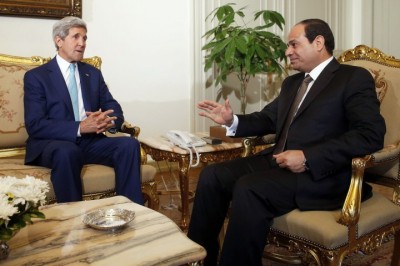 US Secretary of State John Kerry (L) meets with Egyptian President Abdel Fattah al-Sisi in the capital Cairo on July 22, 2014. Washington's top diplomat and UN chief Ban Ki-moon are holding a flurry of meetings in Cairo to push for an end to two weeks of violence in Gaza that has killed so far 585 Palestinians. AFP PHOTO/POOL-/AFP/Getty Images