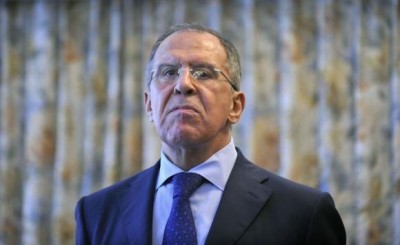 Russia's Foreign Minister Sergey Lavrov looks on during a news conference in Maribor