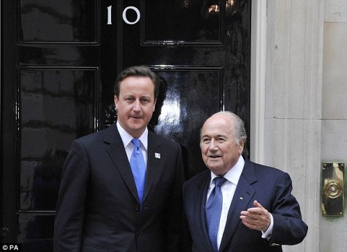 Prime Minister David Cameron greets FIFA President Sepp Blatter outside 10 Downing Street in 2010, as part of England's bid for the 2018 World Cup