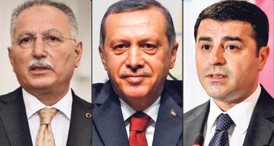 Turkish presidential candidates. From Left former head of the Organization for Islamic Cooperation, Ekmeleddin Ihsanoglu,  Prime Minister Recep Tayyip Erdoğan and Selahattin Demirtaş, former co-leader of the pro-Kurdish Peace and Democracy Party (BDP)