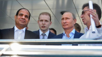 ussian President Vladimir Putin (2nd R) meets with Egyptian President Abdel Fattah al-Sisi (L) at the Laura Cross-Country Ski & Biathlon Center during the Egyptian leader's first official visit to Russia