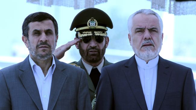 File photo: Former Iranian President Mahmoud Ahmadinejad (L) and Iranian First Vice President Mohammad-Reza Rahimi are shown at Tehran's Mehrabad Airport