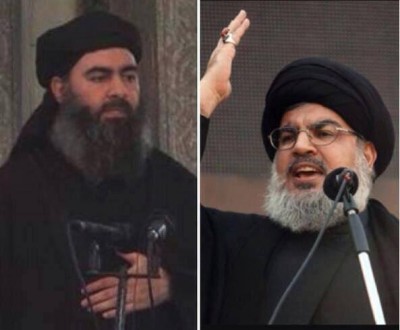 Islamic State chief Baghdadi (L) and Hezbollah chief Hassan Nasrallah (R)