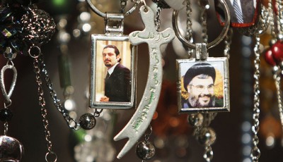 Pictures of Lebanon's Hezbollah leader Sayyed Hassan Nasrallah (R) and former Prime Minister Saad al-Hariri are seen on key rings at a gift shop in the port city of Sidon, southern Lebanon. Hariri's support for dialogue with Hezbollah 
