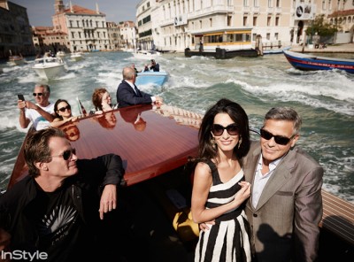 Amal Alamuddin and George Clooney arrived for their Italian wedding in style aboard a water taxiboat with family and friends. The bride-to-be donned a chic Dolce & Gabbana frock as the couple took in the stunning view.