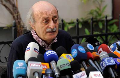 Walid Jumblatt speaks to the press after negotiations with Jabhat a-Nusra. Photo courtesy of Al-Quds.