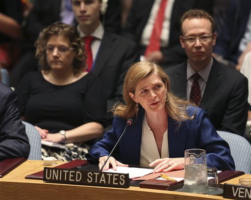 Samantha Power, United States Ambassador to the United Nations, speaks after a vote in the Security Council at U.N. headquarters, Monday, July 20, 2015.  (AP Photo/Seth Wenig)