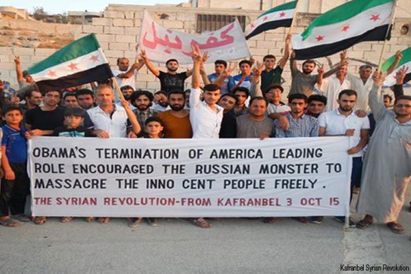 Residents of Kafranbel in Syria protested  against Russian airstrikes October 3, 2015.
