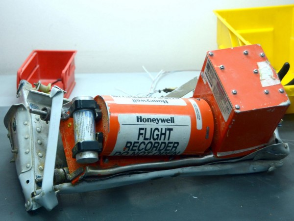 In this Russian Emergency Situations Ministry photo, made available on Monday, Nov. 2, 2015, one of the 2  flight recorder  of   Metrojet Airbus A321-200 flight 7K9268 on display at an undisclosed location in Egypt