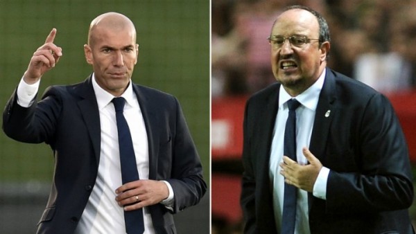 file photo of Rafa Benitez (right) and his replacement as Real Madrid manager Zinedine Zidane (left). 