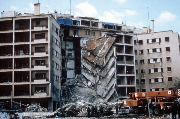 A view of the damage to the U.S. Embassy after the bombing. April 1983. Iran and Its proxy Hezbollah were accused of being behind the bombing that killed 63 people, mostly embassy staff members and several soldiers. The top U.S. court ruled in April 2016 that $2 billion in frozen Iranian assets must be paid to American victims of attacks blamed on Tehran.