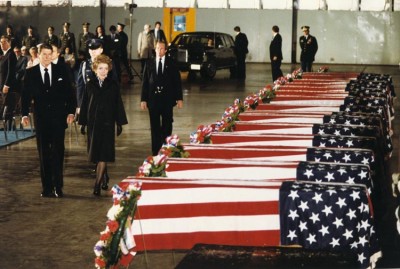 President Ronald Reagan and First Lady Nancy Reagan pay their respects and tribute to the 13 American civilian and 4 U.S. military personnel victims of the embassy bombing. Iran and Its proxy Hezbollah were accused of being behind the bombing