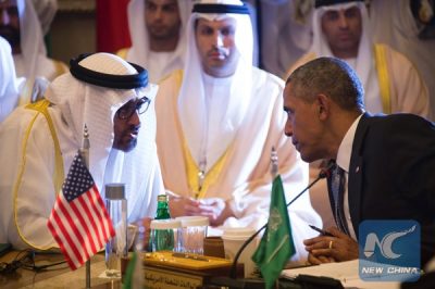 U.S. President Barack Obama (R) speaks with Sheikh Mohammed bin Zayed al-Nahyan (L), Crown Prince of Abu Dhabi, during the US-Gulf Cooperation Council Summit in Riyadh, on April 21, 2016. (Xinhua/AFP Photo)