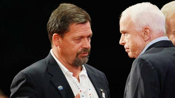 Republican presidential candidate Sen. John McCain, R-Ariz., is pictured with his adviser Mark Salter during a walk through on stage at the Republican National Convention in St. Paul, Minn., Thursday, Sept. 4, 2008. (AP Photo/Charles Dharapak)