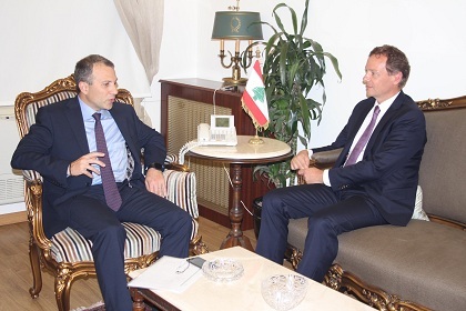 French Ambassador to Lebanon Emmanuel Bonne  (R) with Foreign Minister Gebran Bassil