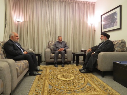 Hezbollah chief Hassan Nasrallah (R) with Ali Akbar Velayati, the international affairs adviser to Iran's supreme leader Ali Khamenei (C) Iranian Ambassador to Lebanon Mohammed Fathali