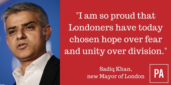 Sadiq Khan thanks Londoners for choosing "hope over fear" as he secures record mayoral victory  