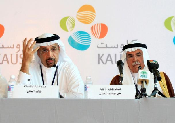 Khalid A. Al-Falih (L) and Ali al-Naimi attend a news conference at the opening ceremony of the King Abdullah University of Science and Technology (KAUST) in Jeddah September 23, 2009. REUTERS/Susan Baaghil/File Photo