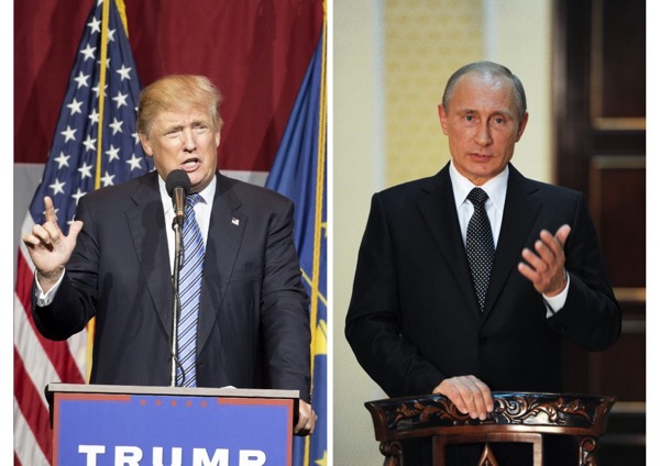 Russian President Vladimir Putin (R) praised the Republican presidential hopeful Donald Trump  (L) during his annual press conference in Moscow, on December 17, 2015.  singled him out as an absolute leader.  (AFP Photo/Natalia Kolesnikova)