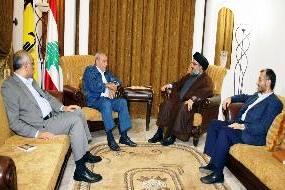 file photo of a meeting between Hezbollah chief Hassan Nasrallah and Speaker Nabih Berri in the presence of the top advisors 